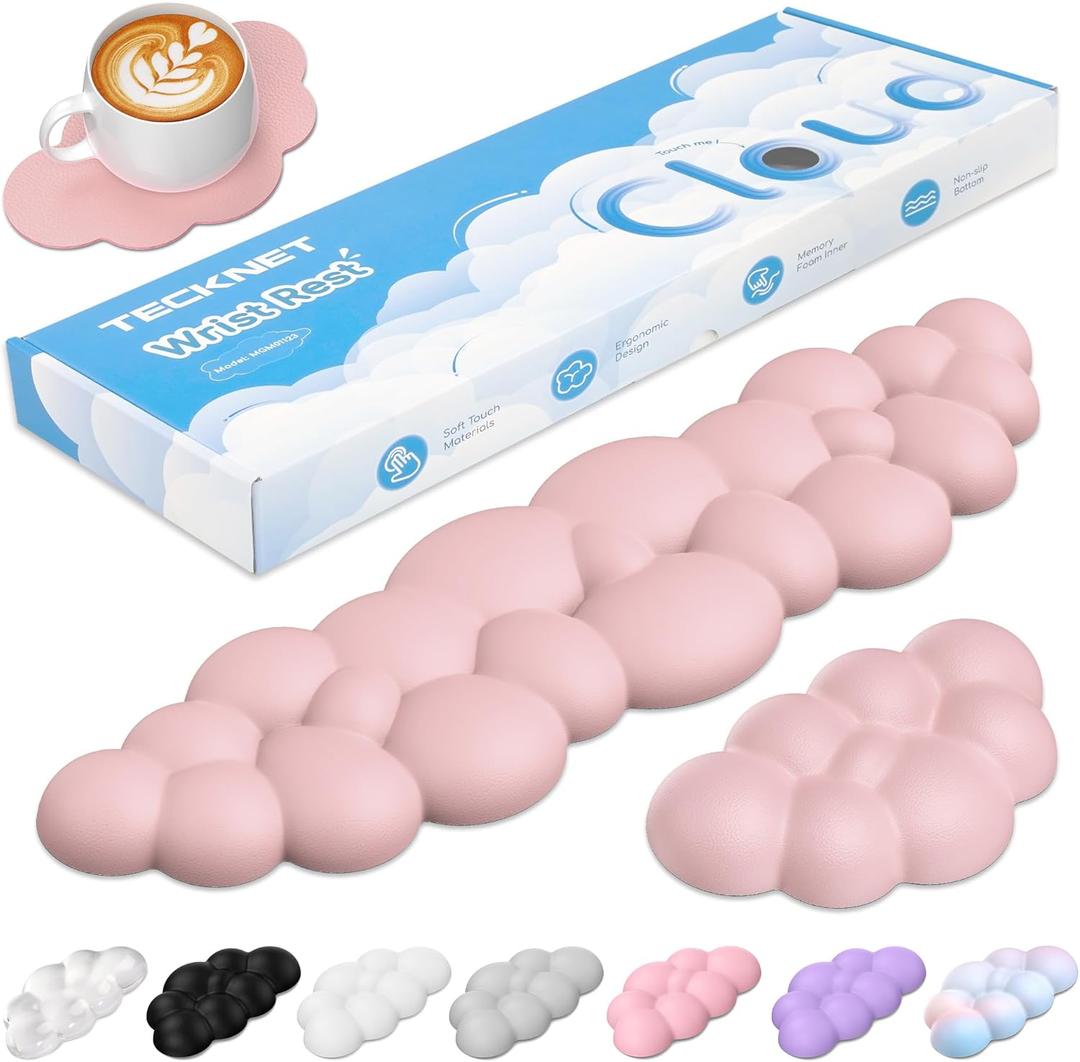 TECKNET Cloud Keyboard Wrist Rest Set, Cloud Wrist Rest with Non-Slip Base, PU Leather Wrist Pad for Keyboard with Ergonomic Memory Foam for Computer Laptop Office Gaming and Pain Relief, Light Pink