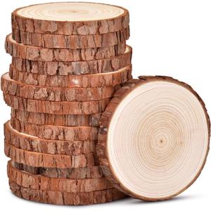 4.3-4.7 inch Unfinished Natural with Tree Bark Wood Slices 15 PCS Natural Round Discs Rustic Wood Slices for DIY Crafts, Table Base, Wedding Decoration,Coasters,Christmas Ornaments.