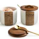 YHOJOY Salt and Pepper Bowl Ceramic, 10 Oz Salt and Pepper Cellar with Lid and Spoon, Farmhouse Salt Containers for Countertop, White
