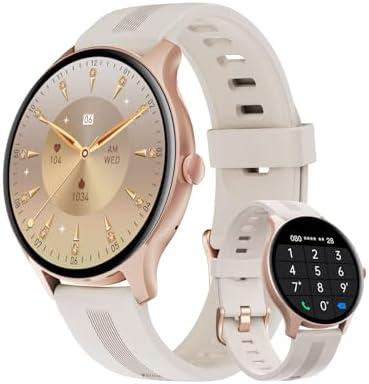 HUAKUA Smart Watches for Women Men (Answer/Make Calls) Compatible with iPhone/Android Phones, Round Smartwatch Fitness Tracker with Heart Rate Monitor Sleep/Steps Tracker Waterproof (Starlight/Gold)