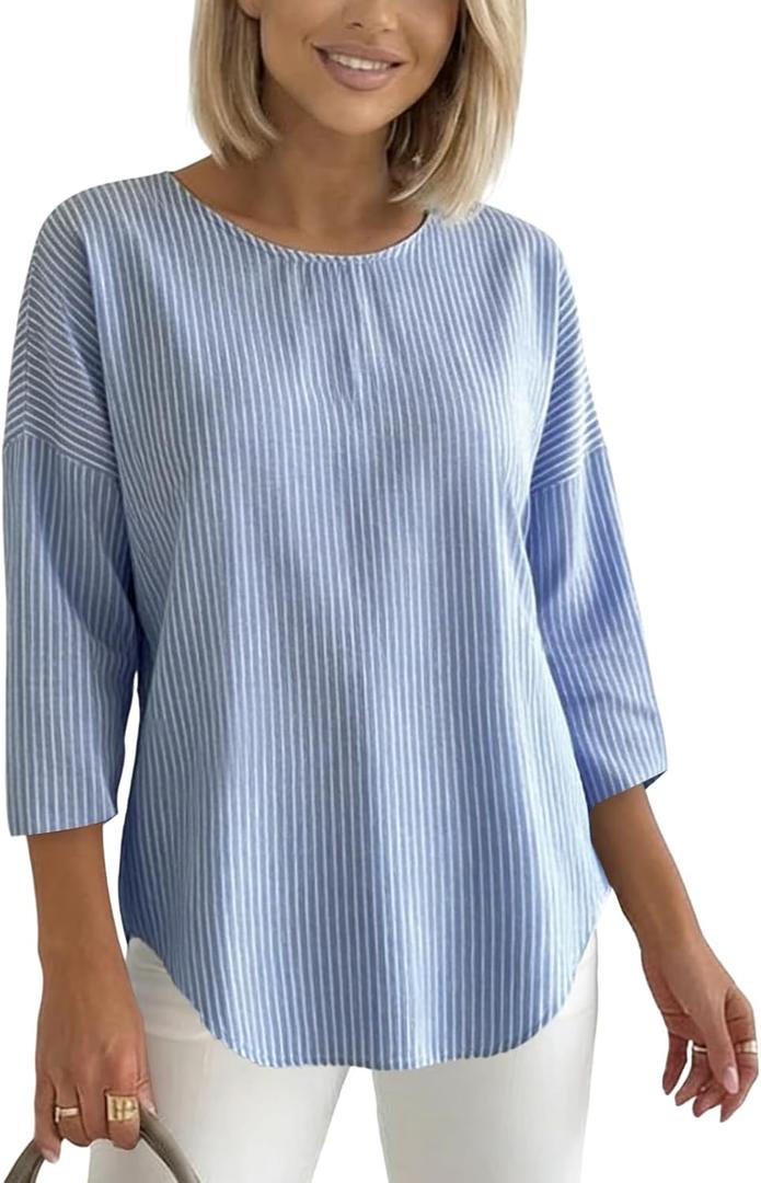 Women's 2026 Summer 3/4 Sleeve Tops Casual Striped T Shirts Crewneck Loose Office Work Shirts Cotton Blouses (Blue, XL)