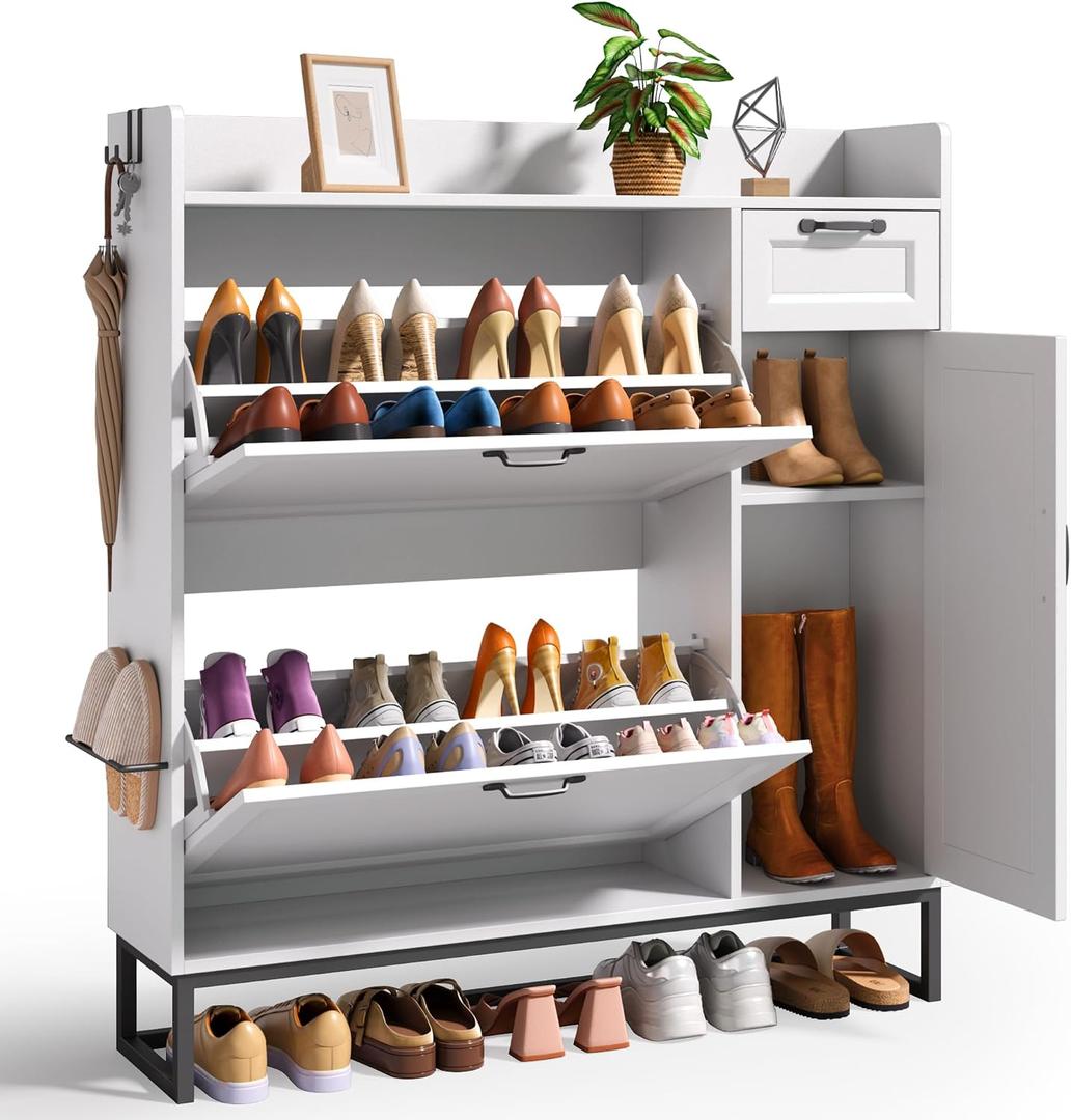 Ahomly 42" White Shoe Cabinet - 2 Flip Drawers (Adjustable), Side Cabinet, Storage Drawer & Open Top - Side Hooks for Shoes & Accessories - Space-Saving Entryway/Hallway Organizer
