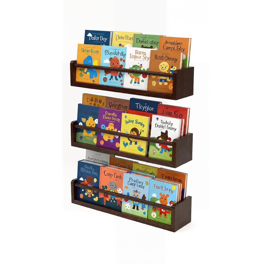 Esonal Deep Walnut Nursery Floating Shelves Set of 3– Wall Mounted Kids Bookshelf & Toy Organizer – 16 Inch Rustic Pine Hanging Display Book Shelves for Bedroom, Playroom, and Baby Decor