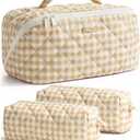 Travel Makeup Bag, 3 Pcs Large Capacity Puffy Toiletry Bag for Women, Open Flat Make up Cosmetic Organizer w/Handle & Clear Divider Water-resistant Portable Pouch Travel Essentials, L-Beige Plaid