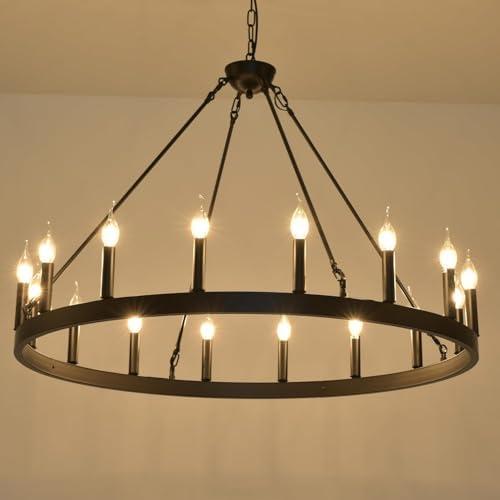 VIZBMYR Wagon Wheel Chandelier 40-inch, 20-Light Black Farmhouse Rustic Wagon Wheel Chandelier Industrial Round Ceiling Light for High Ceilings Living Room Dining Room Foyer Entryway Outdoor Porch