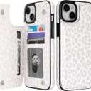 HAOPINSH iPhone 15 Plus Case Wallet - Flip Folio PU Leather Kickstand Card Slots Case for Women Girls, Double Magnetic Clasp, White Leopard Cheetah Pattern, 6.7