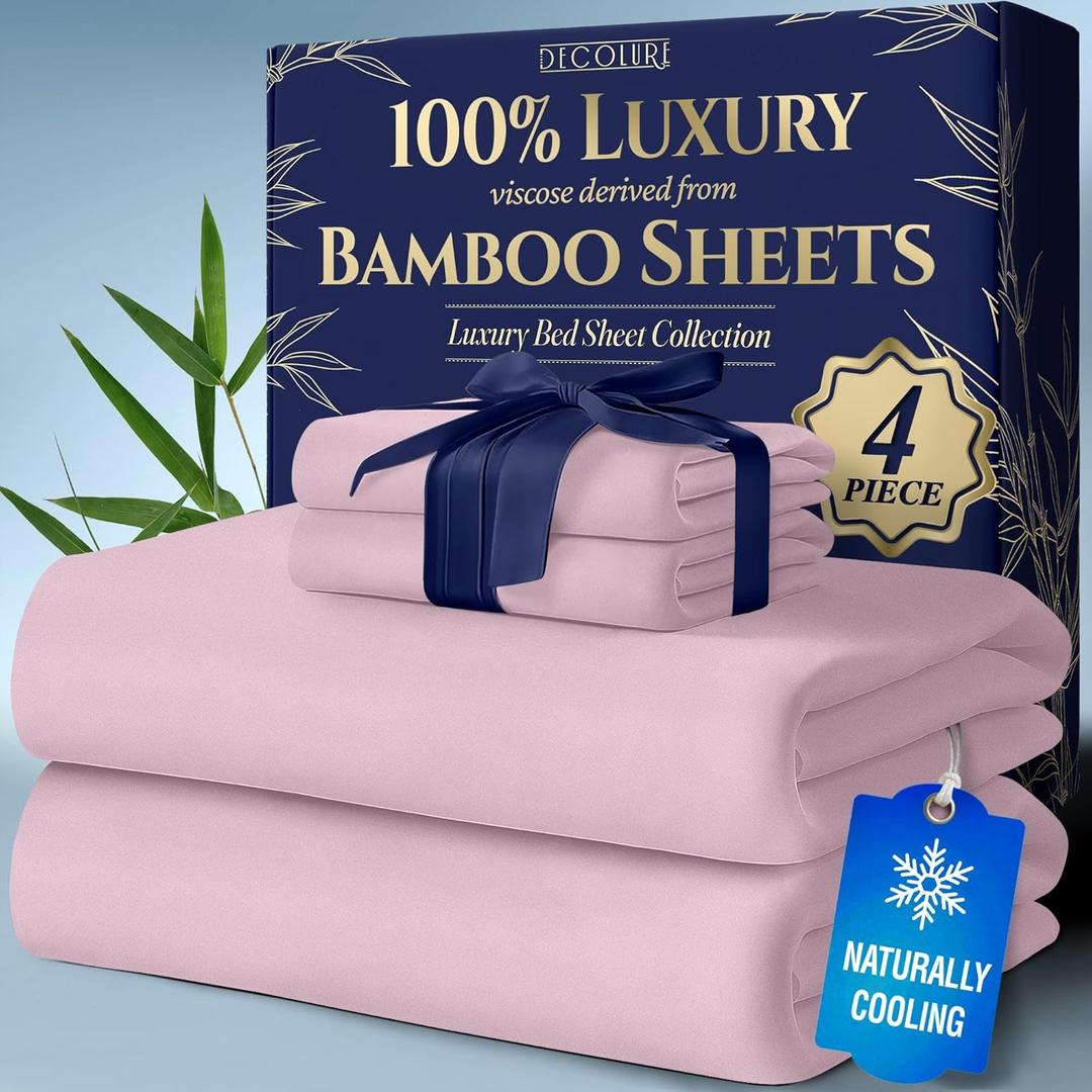 DECOLURE 100% Viscose Derived from Bamboo Sheets Queen Size 4pcs - Ultra Soft & Luxuriously Cooling, 17" Deep Pocket, Double Stitching, Perfect for Hot Sleepers - Queen Bed Sheets (Light Pink)