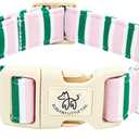 Elegant little tail Dog Collar, Cute Pink with Green Strip Pattern Pet Collars Soft Girl or Boy Adjustable Cotton Puppy Collar with Quick Release Buckle for Large Dogs (Large (Pack of 1))
