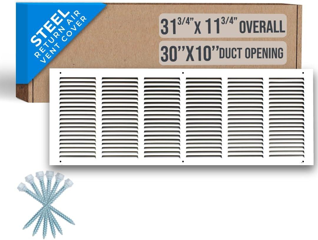 Fits 30x10 Duct Opening | Steel Return Air Grille by Handua | Vent Cover Grill for Sidewall and Ceiling | White | HVAC Cold Air Intake Grille | Outer Dimensions: 31.75"W X 11.75"H