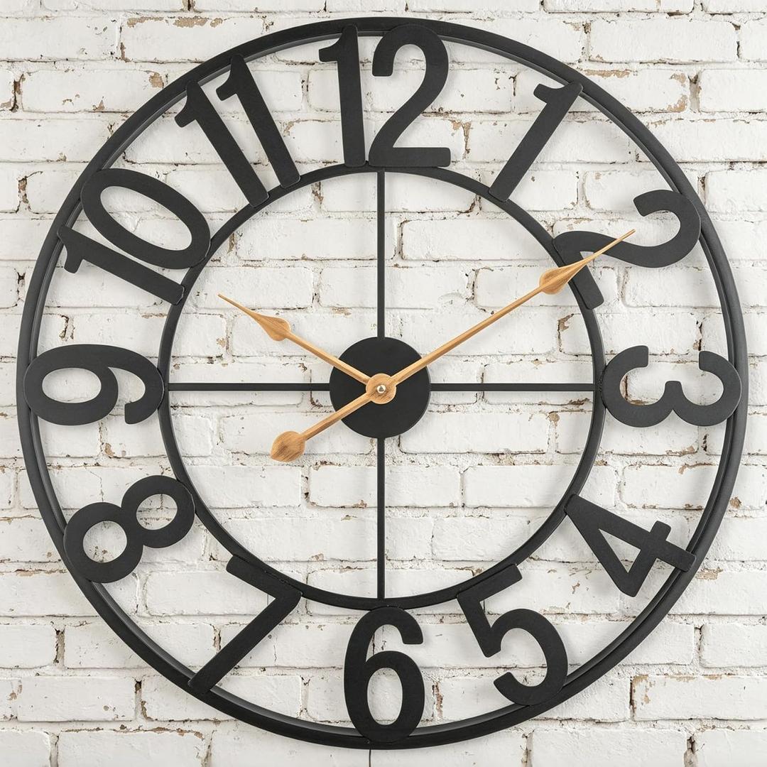 Outdoor Clock for Patio Waterproof, 24 In Extra Large Outdoor Wall Clock Battery Operated, Silent Non-Ticking Metal Oversized Clock for Pool, Porch, Backyard, Fence Black Vintage Farmhouse Decor