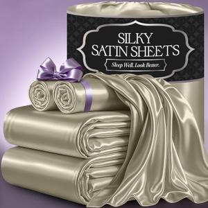 DECOLURE Satin Bed Sheets - 4 Piece Luxury Silky Queen Size Bedding Set - Softer Than Silk, Wrinkle-Free with 15 Deep Pocket Fitted Sheet, Perfect for Hair & Skin, Gifts for Women (Taupe)