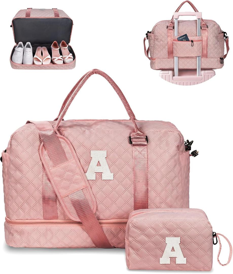 Graduation Gift for Her Women Gift-Birthday Gifts, Initial Duffle Bags with Shoe Compartment, Girls Weekender Bag,Overnight Bag for Women, Travel Bag with Makeup Bags Gift for Mom (Letter A) (Pink)