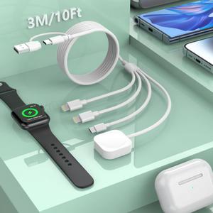 Travel 3M/10FT USB C Multi 6-in-1 Fast Charging iWatch Charger Cable,USB A/USB C Apple Watch Charger+Lightning*2+Type C Cord Combo for Smart Watch Series9 8 7 6 5 SE/iPhone15 14 13/Samsung/iPad/Huawei