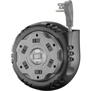 KMC 6-Outlet Surge Twist Cord Reel Retractable Power Strip Surge Protector, 1085J Surge Protection, 8ft 14/3 Retractable Extension Cord, 3-Prong Low-Profile Flat Plug, UL/ETL Certified, Gray