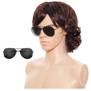 Gvhntk Mens Short/Long Curly Brown Wig 70s 80s Rocker Wig with Glasses Cosplay Costume Hair Halloween Costume Anime Wigs