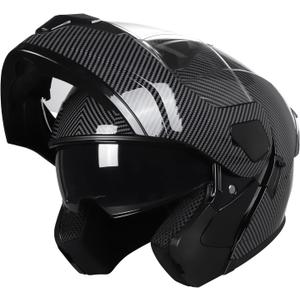 SPARK DOT Approved Modular Flip-Up Dual Visor Motorcycle Full Face Helmet for Adults Men & Women (Carbon Fiber, Large)