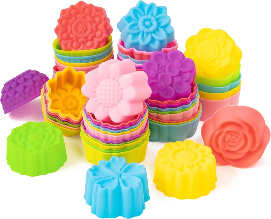 R HORSE Mini Silicone Cupcake Liners Molds - 60Pcs 2 Inch Muti-color Floral Shaped Baking Cups, Non-Stick Cupcake Holders Wrappers Reusable Muffin Cups Liners for Oven Pan Microwave Dishwasher