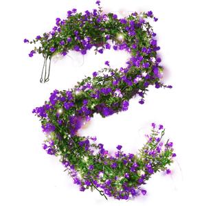 RECUTMS Faux Lighted Mantle Garland Artificial Hanging Greenery Fake Hanging Eucalyptus Leaves Vine with Lights Swag Garland for Indoor Outdoor Wall Party Mantel Wedding Table Arch Decor(Purple)