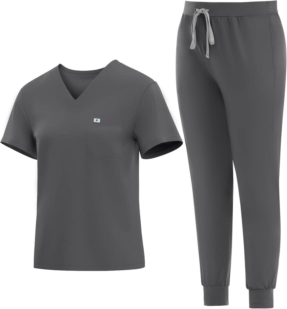 Medical Scrubs Set for Women - Classic V-Neck Top & Jogger Pants with Stretch Nursing Uniform Scrub Suit (X-Large, Dark Grey)