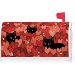 Texupday Valentine's Day Love Hearts Black Cat Mailbox Cover with Magnetic Strip Mailbox Wraps Post Letter Box Cover Standard Size 21" X 18" for Garden Farm Outdoor Yard Decor