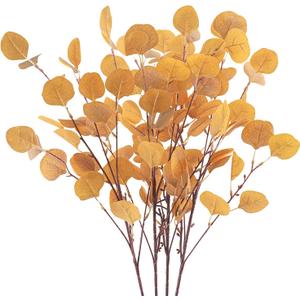 4Pcs Artificial Eucalyptus Leaves Stems 33.8 Eucalyptus Branches Orange Fake Fall Flowers for Home Fireplace Farmhouse Party Wedding Table Bathroom Autumn Dcor