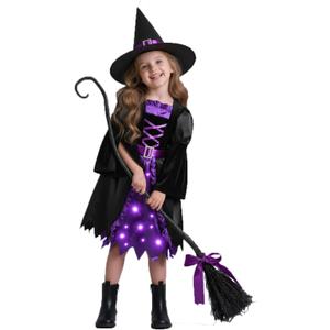 Witch Costume for Girls, Light-Up Purple Dress with Hat & Broom Accessories for Halloween Parties & Role Play (Medium(8-10yr))