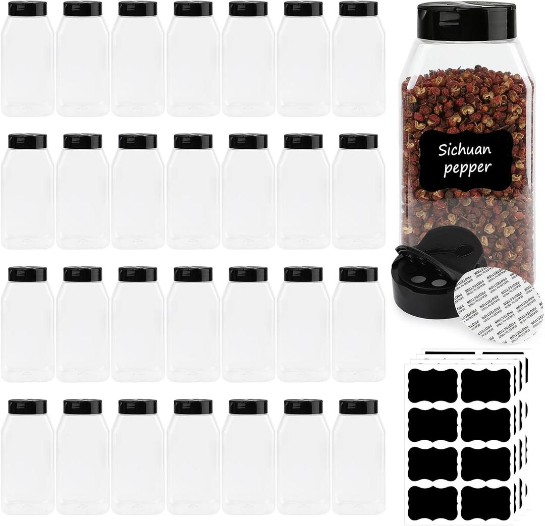 PineHaven 28 Pcs 16 oz Plastic Spice Jars with Black Cap,Square Plastic Bottle Containers with Lid and Stickers,Empty Seasoning Bottles Large Clear Spice Shaker for Storage Spices, Coffee, Tea, Herbs