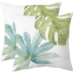 Green Tropical Leaves Throw Pillow Covers Set of 2 Decorative Monstera Palm Leaf Couch Pillow Case Botanical Plant Outdoor Pillow Covers Waterproof Fabric for Patio Bedroom Living Room, 18" x 18", C2