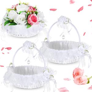 Honeydak 3 Pcs 9 Inch Wedding Flower Girl Baskets with Foldable Handle, Satin Lace Bowknot Baskets for Wedding Flower Girl (White)