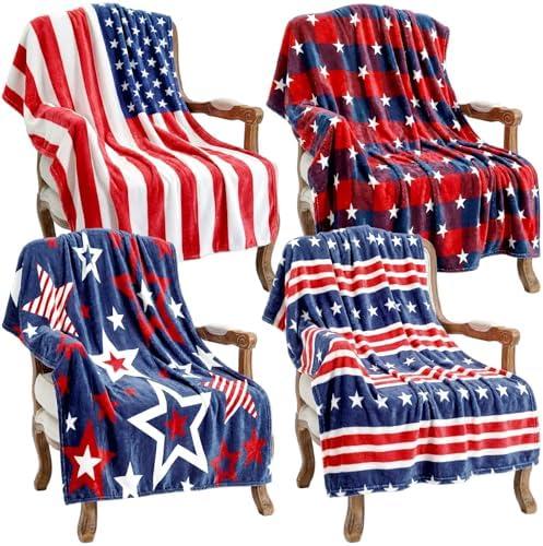 Oudain 4 Pcs Patriotic Flannel Blanket Throw, USA 4th of July Flag 250th Anniversary Soft Fuzzy Plush Fleece Cozy Blankets for Couch Sofa Bed Lounging Independence Day Gifts 40 x 50 Inch