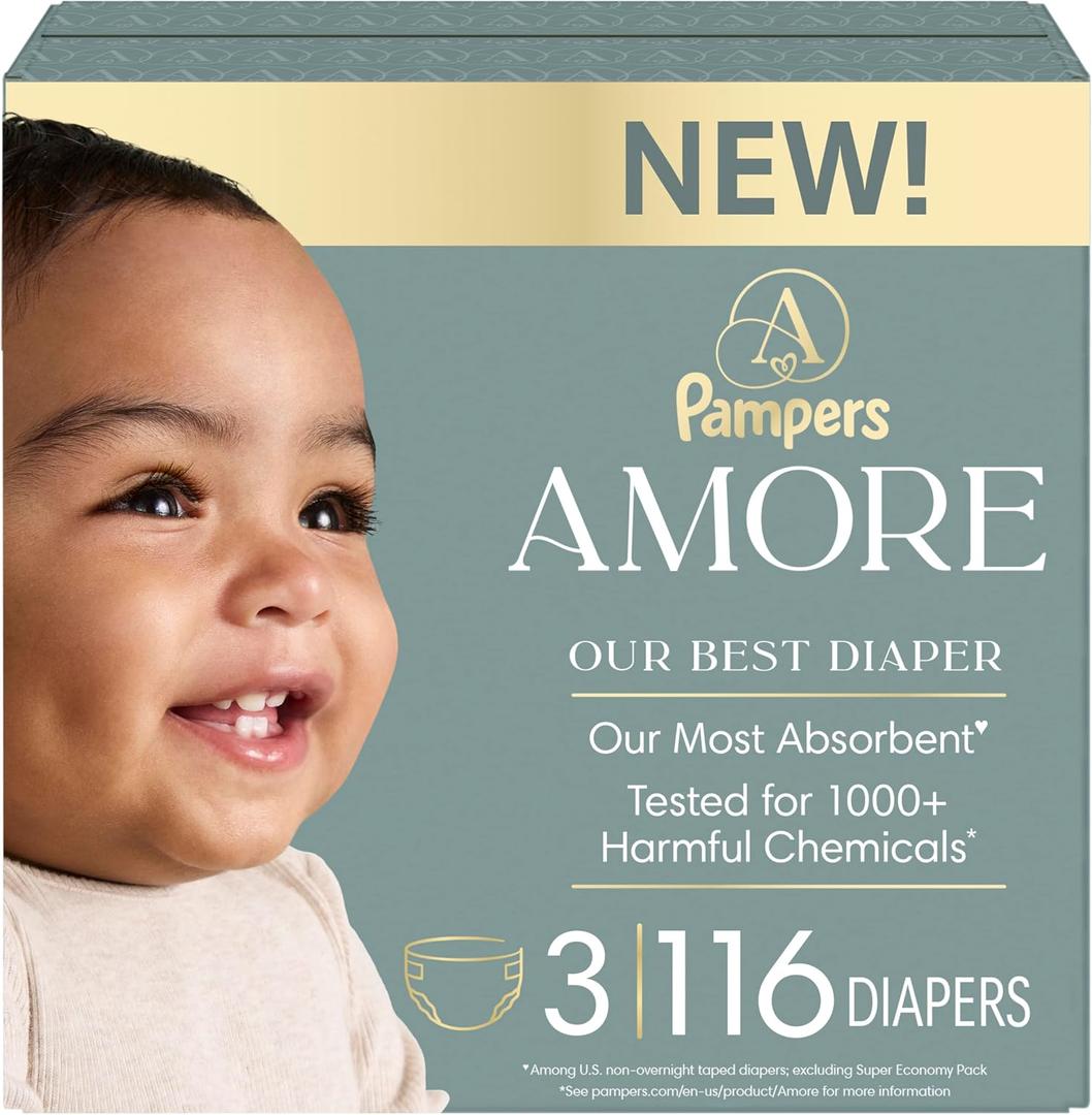 Pampers Amore, Size 3 (13-26 lbs), 116 Count, Our Best Diaper Hypoallergenic & Fragrance Free, Up to 100% Leakproof, Soft as Cashmere