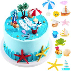 Hawaiian Beach Cake Decoration Green Palm Tree Cake Toppers Summer Chair Umbrella Toppers for Hawaiian Beach Theme Birthday Wedding Baby Shower Party Supplies