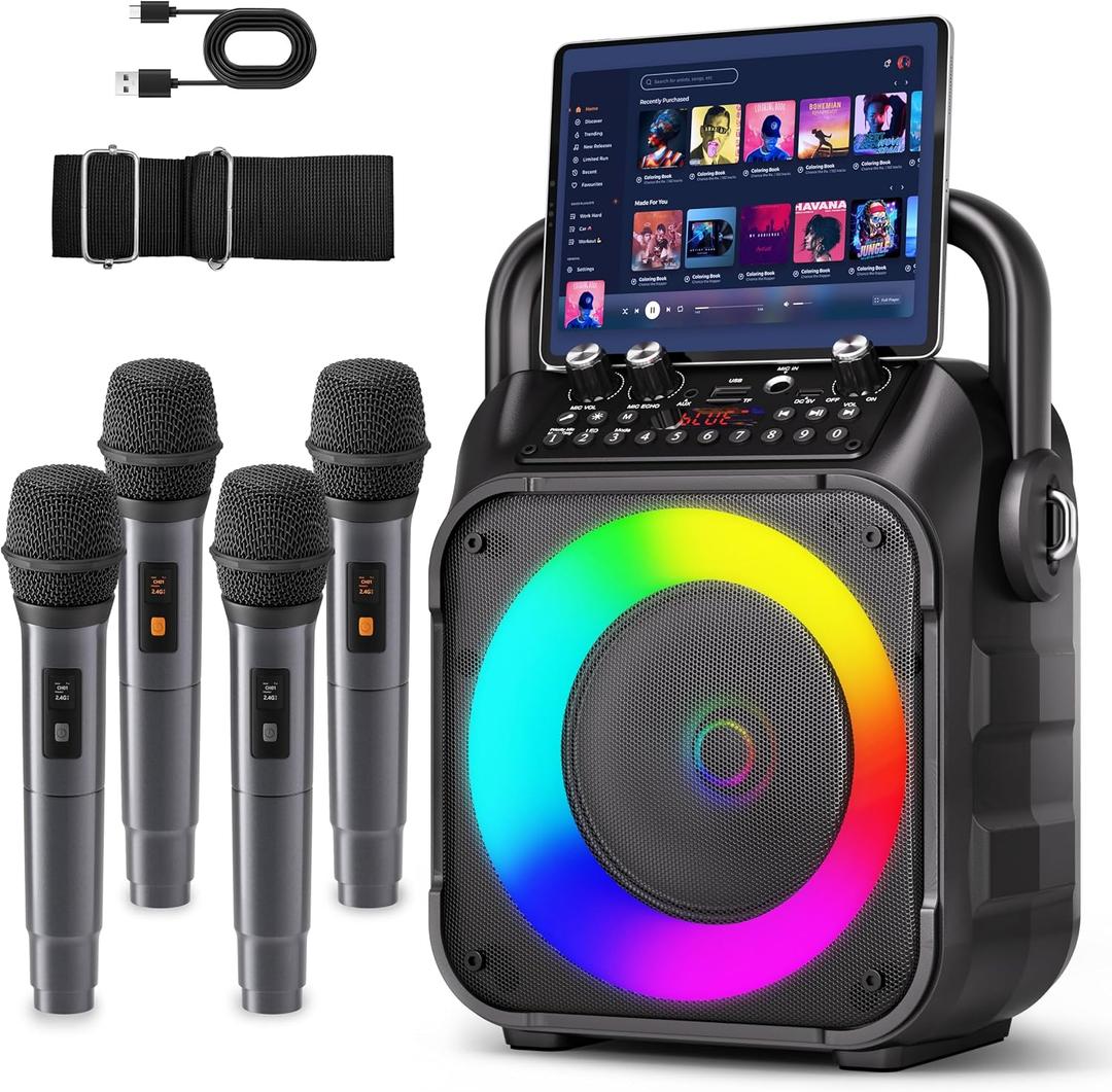 CYY Karaoke Machine with 4 Wireless Microphones for Adults and Kids
Bluetooth Speaker, 5 Light Modes, PA System, TWS Stereo Pairing, USB/TF/REC/FM/AUX, 6-8H Playtime for Home Party and Outdoor