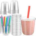 Ziliny 50 Sets 12 oz Clear Cups with Lids and Jumbo Smoothie Straws Disposable Plastic Cups for Smoothies, Bubble Milk Tea, Milkshakes, Cold Drinks (Multicolor)