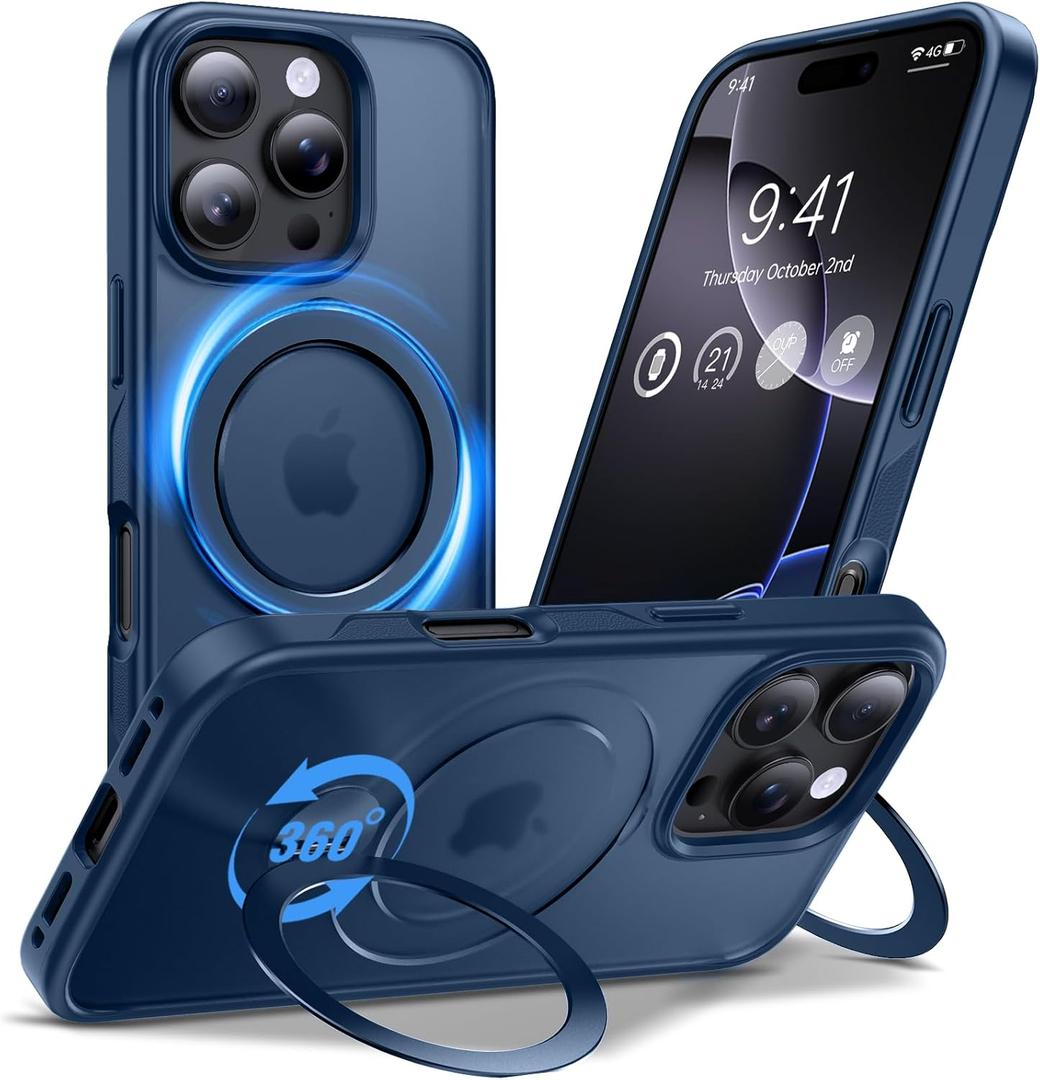 Anqrp 360° All-in-ONE Stand Case for iPhone 16 Pro Case with Rotatable Magnetic Kickstand Ring Holder, Compatible with MagSafe, MIL-Grade Shockproof iPhone 16 Pro Phone Case Cover 6.3 inch, Blue