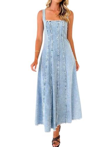 utcoco Jean Dress for Women 2025 Vintage Sleeveless Slim High Waist Frayed Raw Long Maxi Denim Dresses (XX-Large, Light Blue)