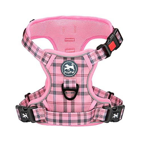 PoyPet No Pull Dog Harness, Reflective Adjustable No Choke Pet Vest with Front & Back 2 Leash Attachments, Soft Control Training Handle for Large Dogs(Checkered Pink, L)