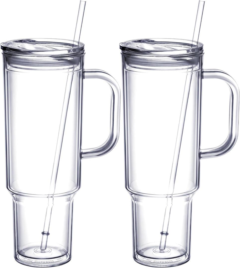 MEWAY 40 oz Acrylic Tumbler with Handle and Straw LidDouble Wall Vacuum Reusable plastic Water Bottle Travel Mug CupClassic Tumblers Cupholder Friendly (2 Pack)