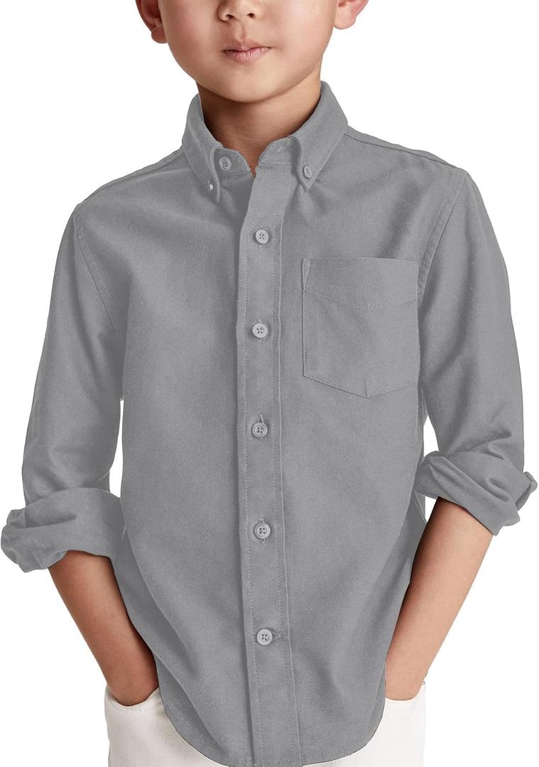 Boys' Long Sleeve Dress Shirts Classic Collared Button-Down Tshirt Solid Cotton Top with Chest Pocket (13-14 Years, Gray)