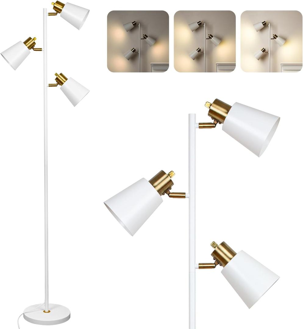 Tree Floor Lamp for Living Room, Industrial 3-Light Standing Lamp with 3 LED Bulbs, Adjustable Rotation Heads, Standing Tall Pole Lamp Farmhouse Rustic Reading Lamps for Bedroom Office (White Gold)