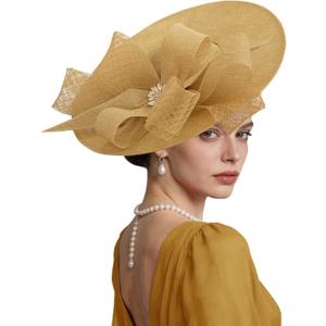 Kgromfy Women's Wide Brim Fascinator Hat Tea Party Headband Large Vintage Church Hat Lady Headwear for Derby Wedding Cocktail