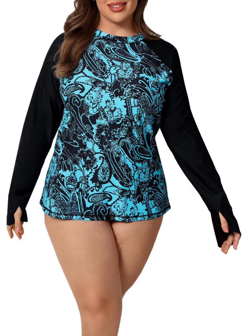 Halcurt Women's Plus Size Long Sleeve Rash Guard Swim Shirt with Thumb Holes UPF50+ Sun Protection Swimsuit Top Black Turquoise 3X