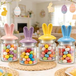 4 Glass Jars for Easter Candy with Ceramic Bunny Ear Lids, Airtight Pastel Glass Storage Containers for Mini Eggs, Cookie Tray, Coffee Table Decor