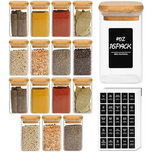 ComSaf Spice Jars with Labels 8 oz 16Pack, Small Spice Containers Starter Set, Glass Seasoning Jars with Lids, Square Seasoning Containers for Salt, Pepper, Chili Powder, Sugar, Loose Tea Storage