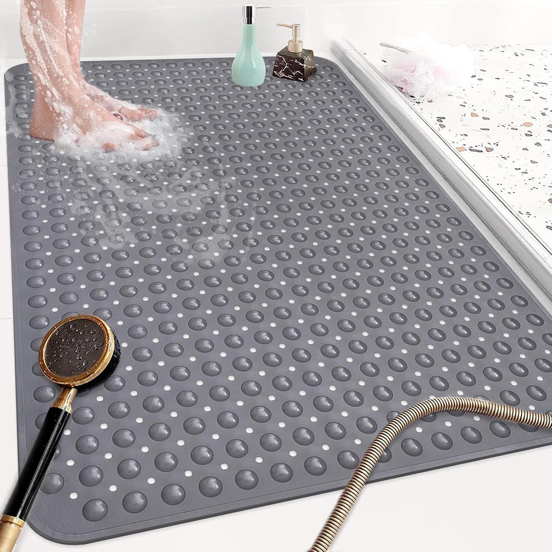 Shower Mat Non Slip: 47.2 x 31.5 Inch Extra Large TPE Shower Mats for Inside Shower - Anti Slip Shower Stall Matt with Drain Hole and Suction Cups for Elderly (Grey)