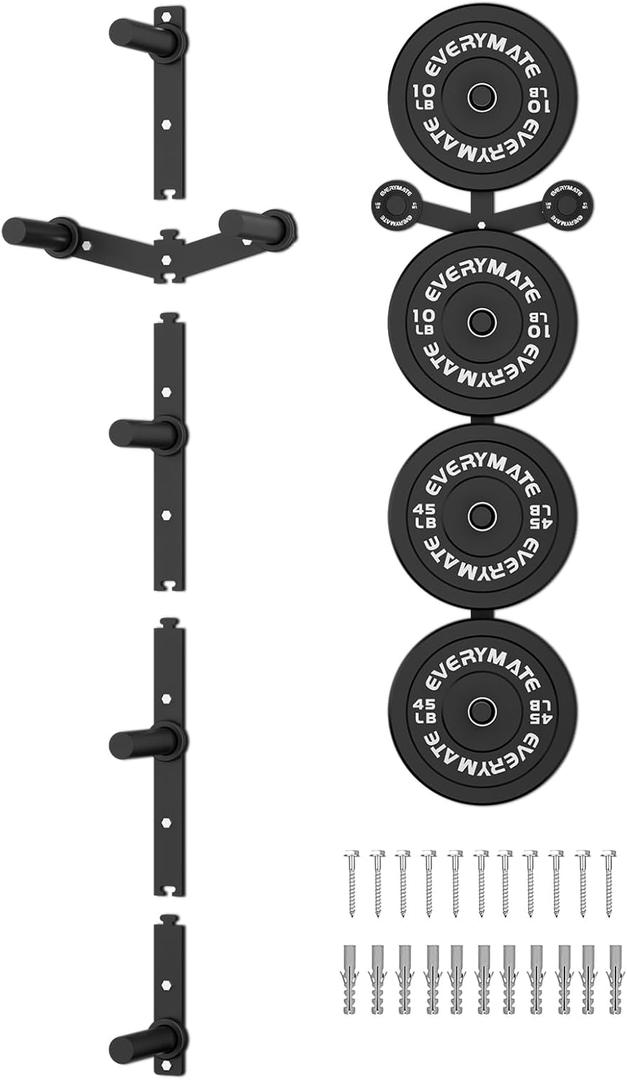 EVERYMATE Weight Plate Storage Rack, Olympic Weight Plate Holder, Bumper Plate Storage, Home Gym Organizer (Fit 2 Inch Plates, Wall Mount - 6 Pegs)