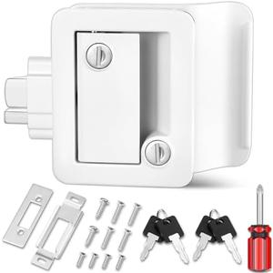 RV Entry Door Lock, 100% Metal Camper Lock, Travel Trailer Door Latch, RV Lock Replacement Kit with Paddle Deadbolt 4 Keys, for Camper Horse Trailer Cargo Hauler Truck, White