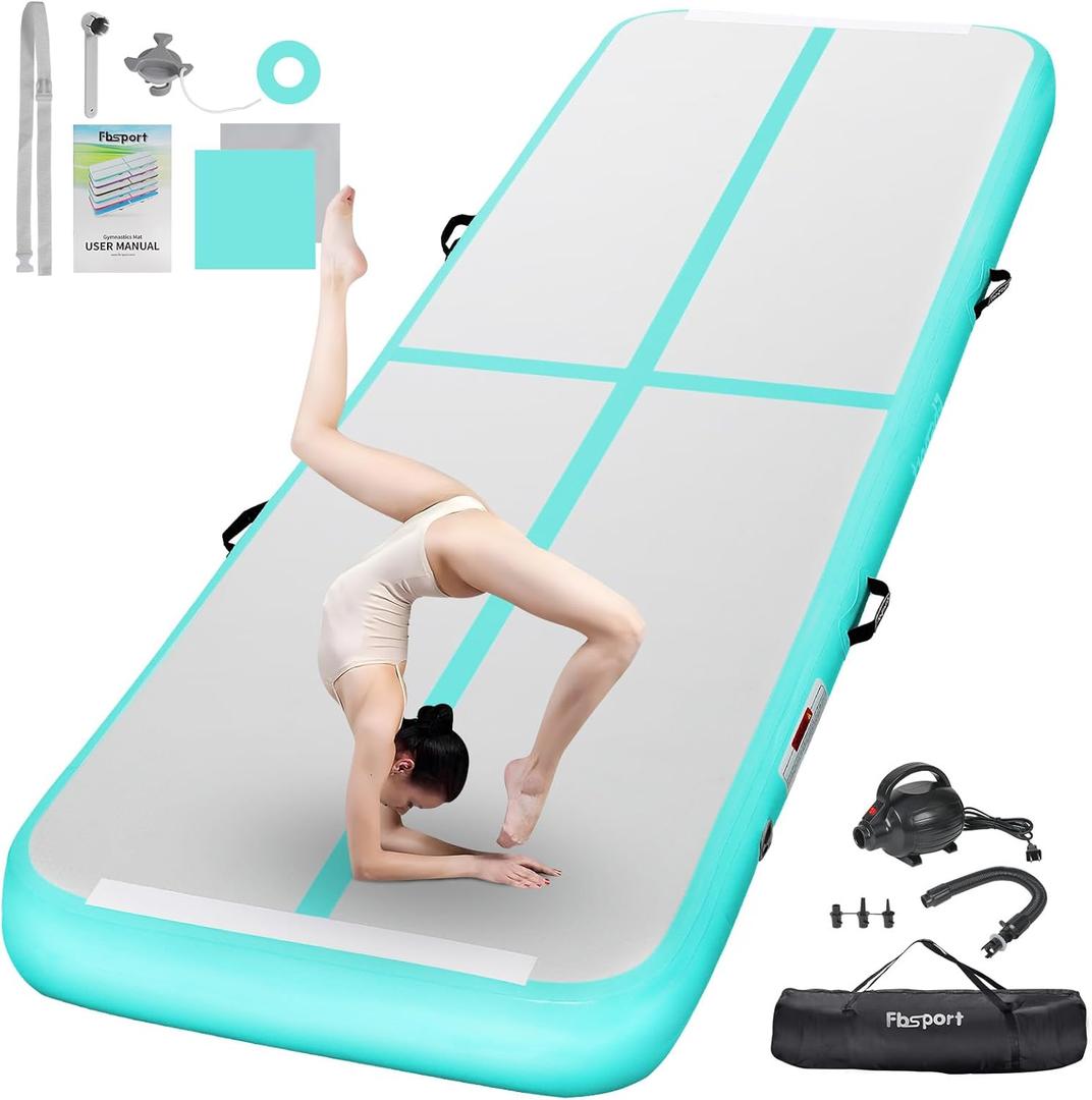 FBSPORT Inflatable Air Gymnastics Mat Training Mats 4/8 inches Thickness Gymnastics Tracks for Home Use/Training/Cheerleading/Yoga/Water with Pump (13.12ft*3.3ft*4in(4*1*0.1m), light green)