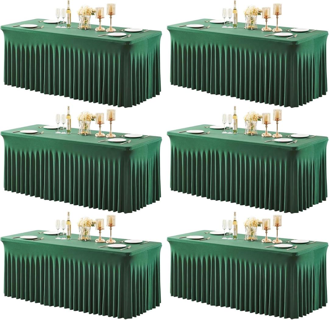 6 Packs Green Table Clothes for 8 Foot Rectangle Tables, Wrinkle Resistant Stretch Spandex Table Covers Fitted Tablecloth with Skirt for Easter Event Banquet Wedding Birthday Party, 96" x 30"