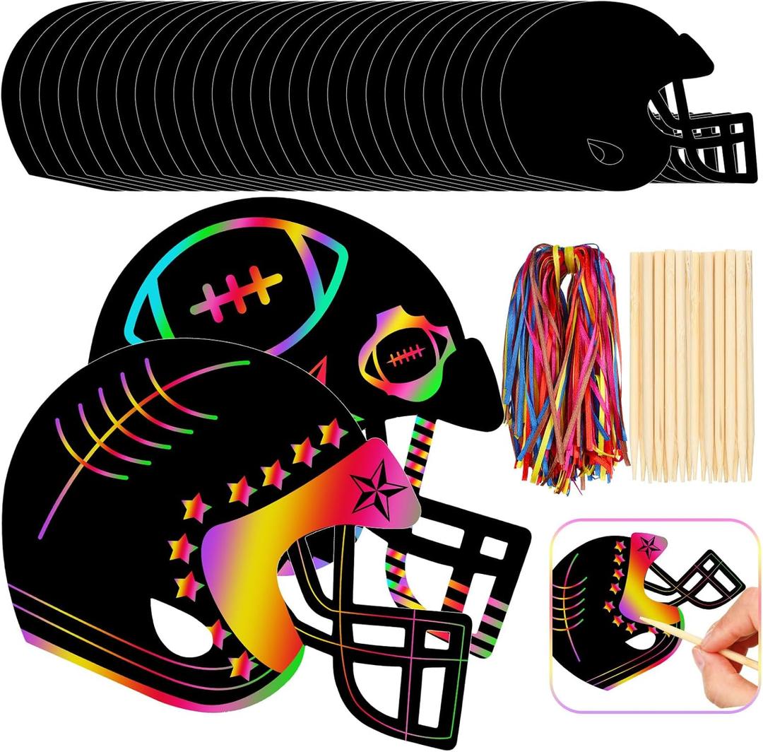 Syhood 64 Pcs Football Scratch Paper Crafts Kit Rainbow Football Helmet Scratch Cards Ornaments with Wooden Stylus and Ribbons for Crafts Painting Party Supplies